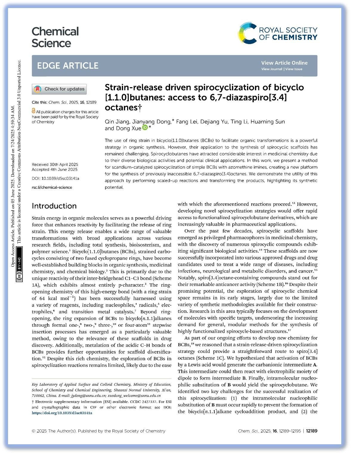Strain-release driven spirocyclization of bicyclo [1.1.0]butanes: access to 6,7-diazaspiro[3.4] o...