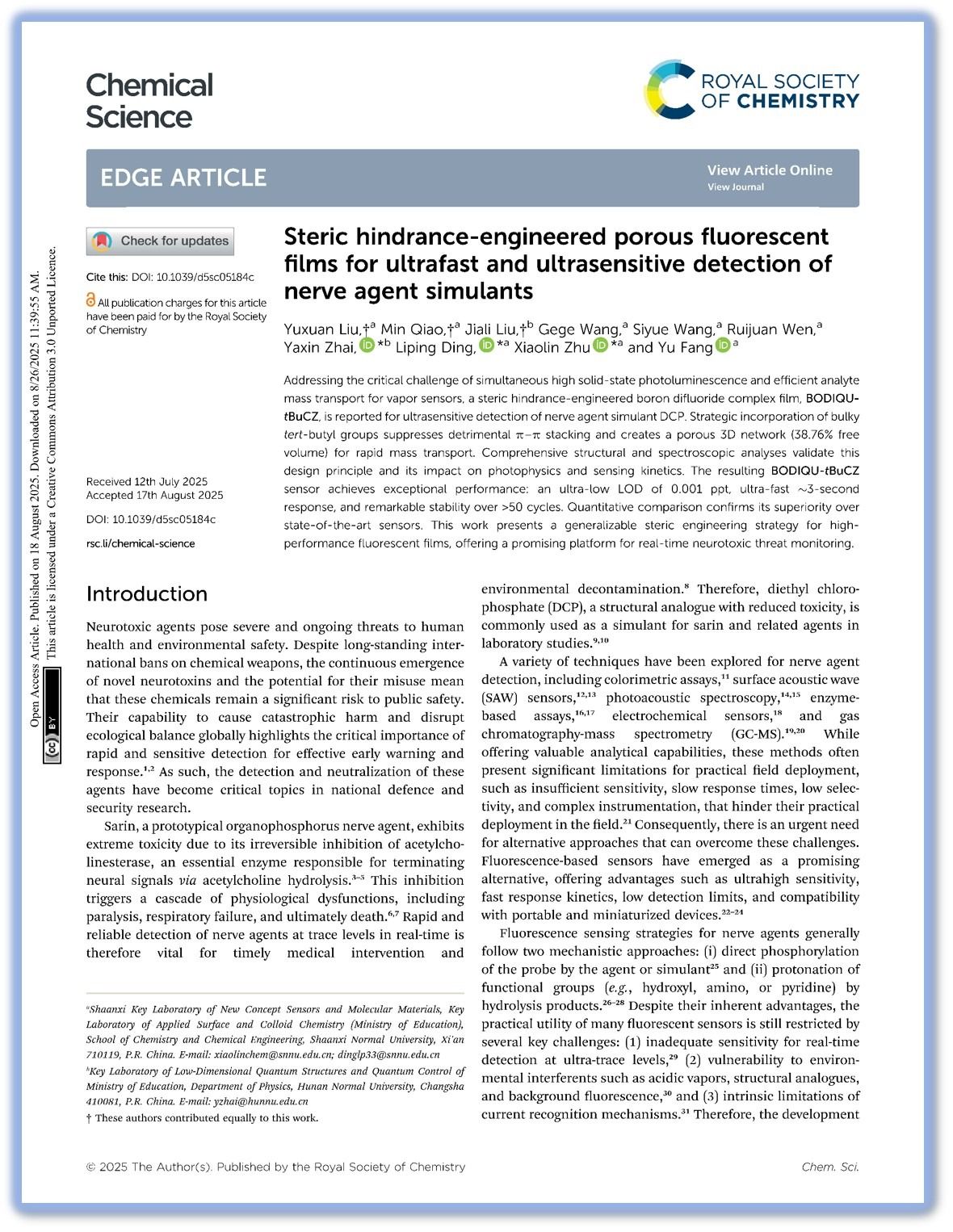 Steric hindrance-engineered porous fluorescent films for ultrafast and ultrasensitive detection o...